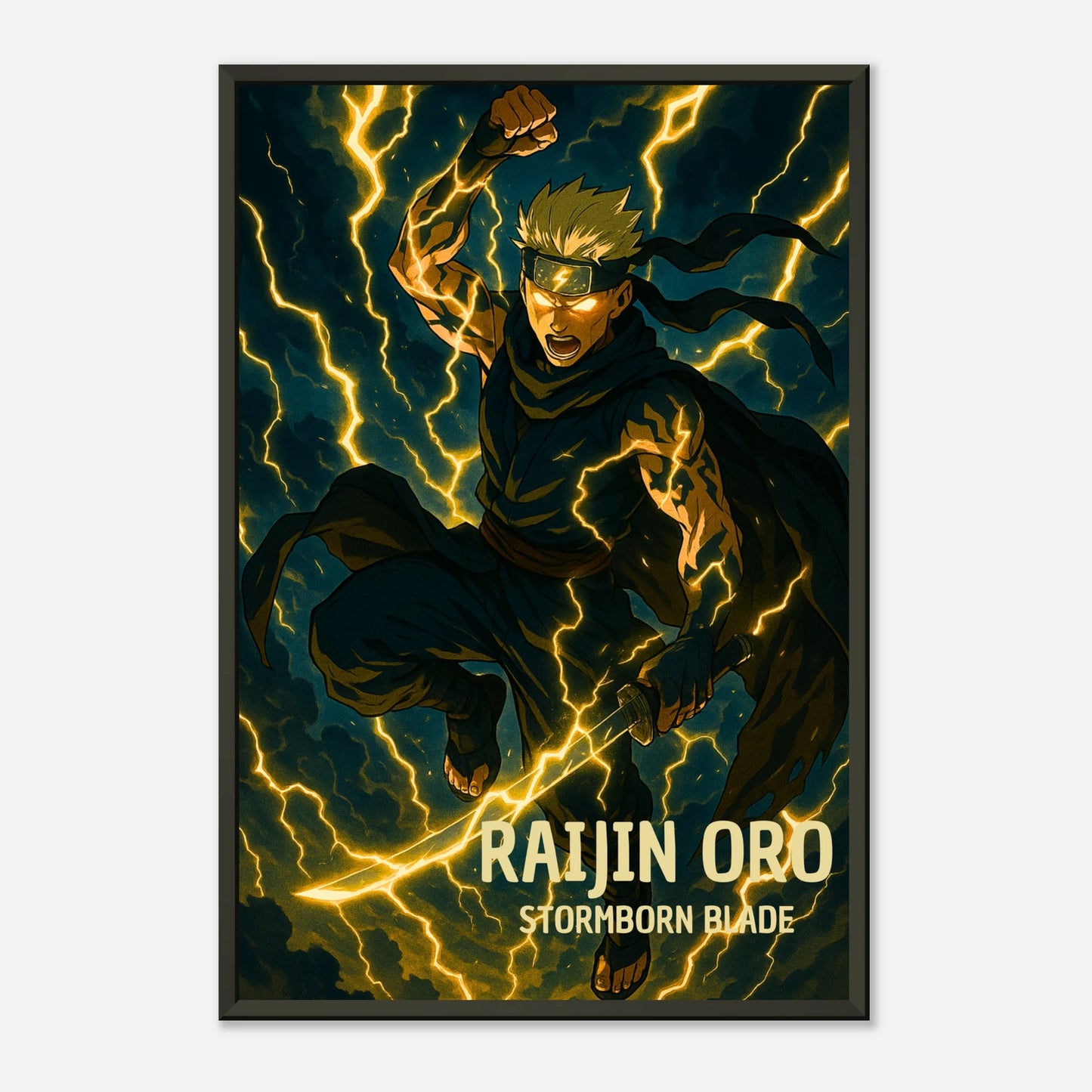 Anime-Poster „RAIJIN ORO – Stormborn Blade“ – leuchtende Energie, starker Ausdruck, kraftvolle Komposition | DEFA Designs