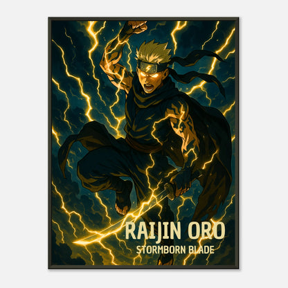 „RAIJIN ORO – Stormborn Blade“ Poster – Anime-Krieger in gelben Blitzen & dunkler Aura | DEFA Designs