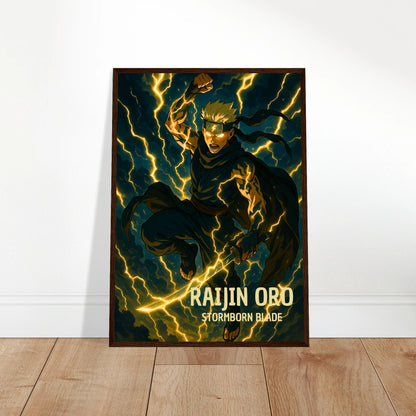 RAIJIN ORO Poster an die Wand gelehnt – goldene Blitze, epischer Anime-Krieger, japanische Wandkunst mit elektrischer Energie.