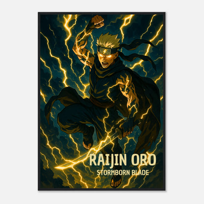 RAIJIN ORO Anime Poster im schwarzen Rahmen – Donnergott in goldenen Blitzen, dynamisches japanisches Wandbild mit epischer Energie.
