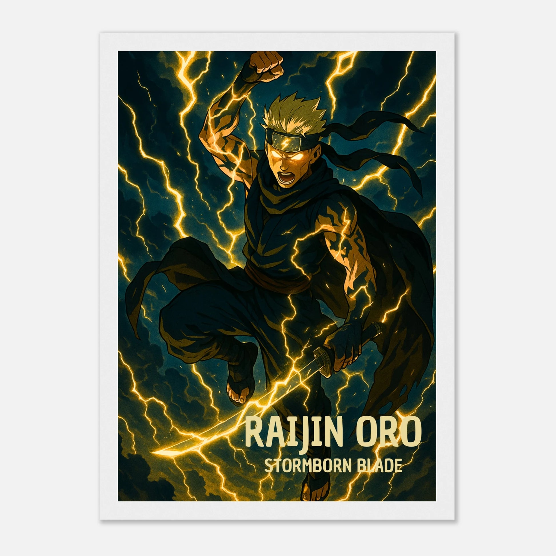 RAIJIN ORO Poster im weißen Rahmen – mächtiger Anime-Krieger umgeben von goldenen Blitzen, japanische Kunst mit göttlicher Energie von Defa Designs.