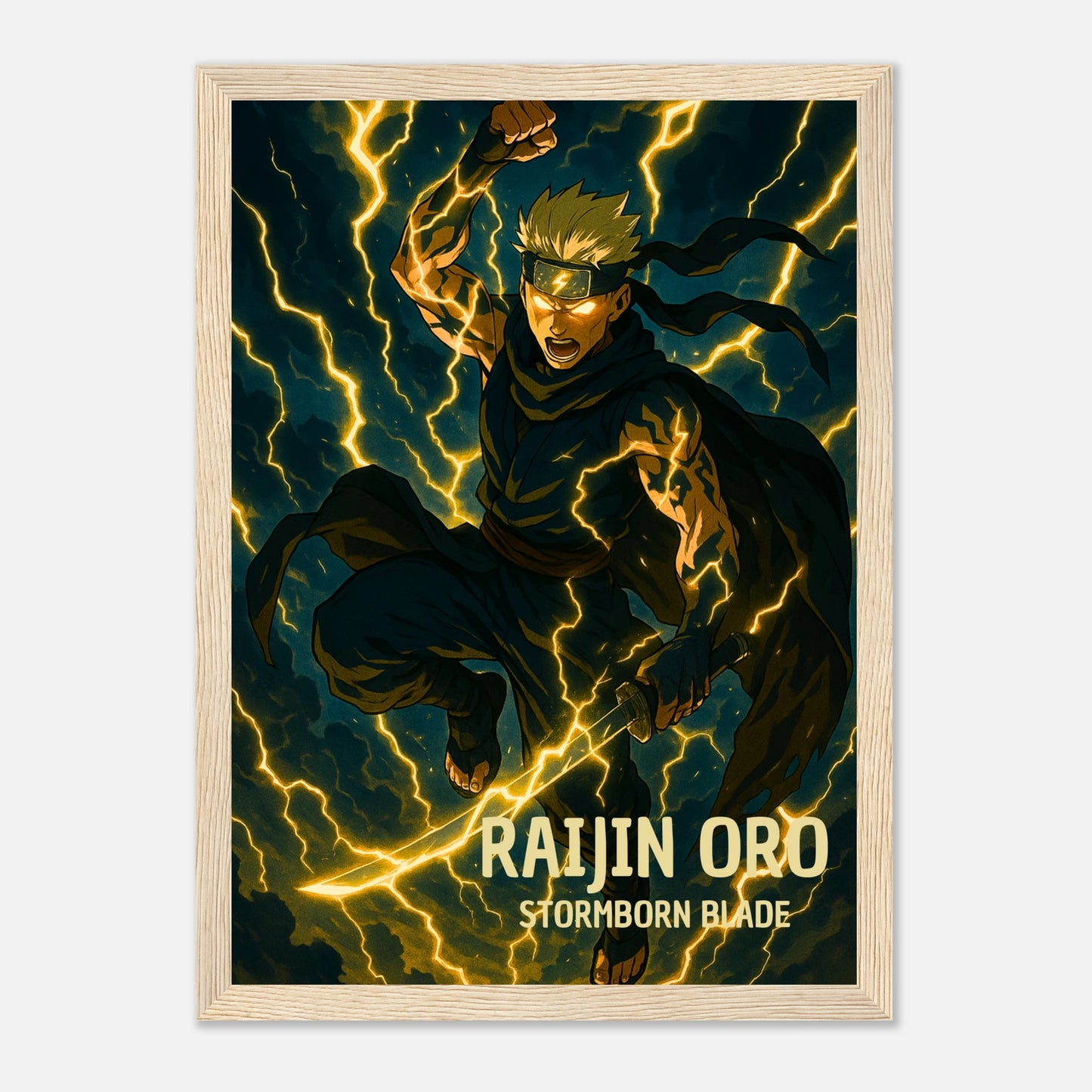 RAIJIN ORO Anime Poster im hellen Wohnzimmer – moderner Raum mit golden leuchtender Energie, ideal für Anime- und Japan-Kunstfans.