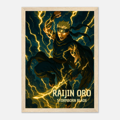 RAIJIN ORO Anime Poster im hellen Wohnzimmer – moderner Raum mit golden leuchtender Energie, ideal für Anime- und Japan-Kunstfans.