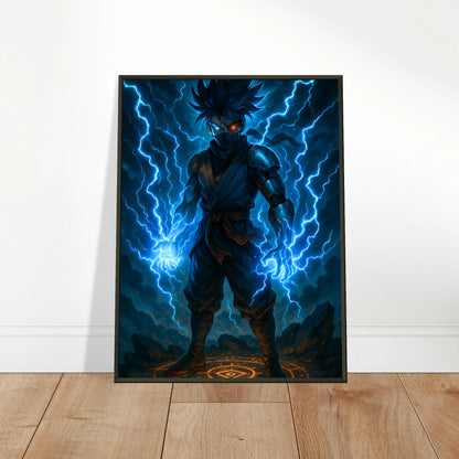 Anime-Poster „RAIKEN – Surge of the Twin Storm“ an die Wand gelehnt – stilvolle Präsentation mit kraftvollem Motiv | DEFA Designs