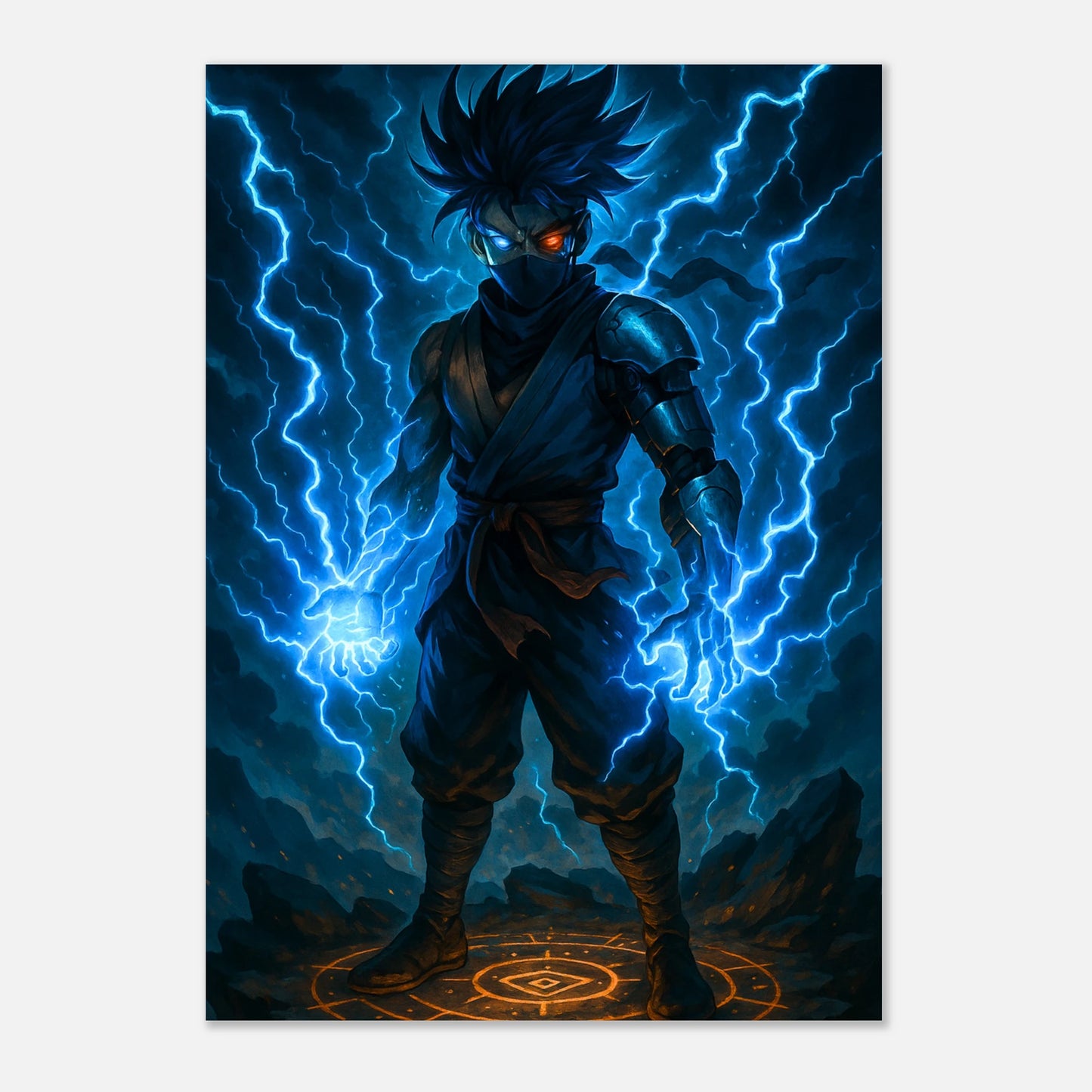 Episches Anime Poster „RAIKEN – Surge of the Twin Storm“ mit blauem Blitz, hochwertige Wandkunst für Anime-Fans weltweit