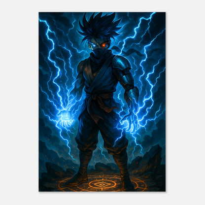 Episches Anime Poster „RAIKEN – Surge of the Twin Storm“ mit blauem Blitz, hochwertige Wandkunst für Anime-Fans weltweit