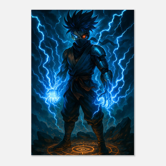 Episches Anime Poster „RAIKEN – Surge of the Twin Storm“ mit blauem Blitz, hochwertige Wandkunst für Anime-Fans weltweit