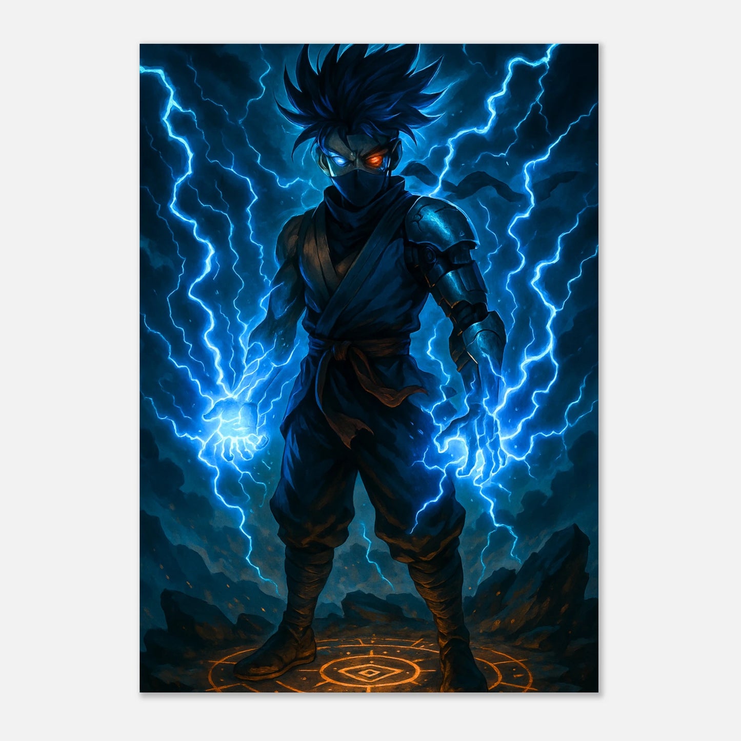 Detailansicht Anime Poster Raiken – Surge of the Twin Storm mit elektrischen Blitzen, moderner Kunstdruck für Anime Liebhaber