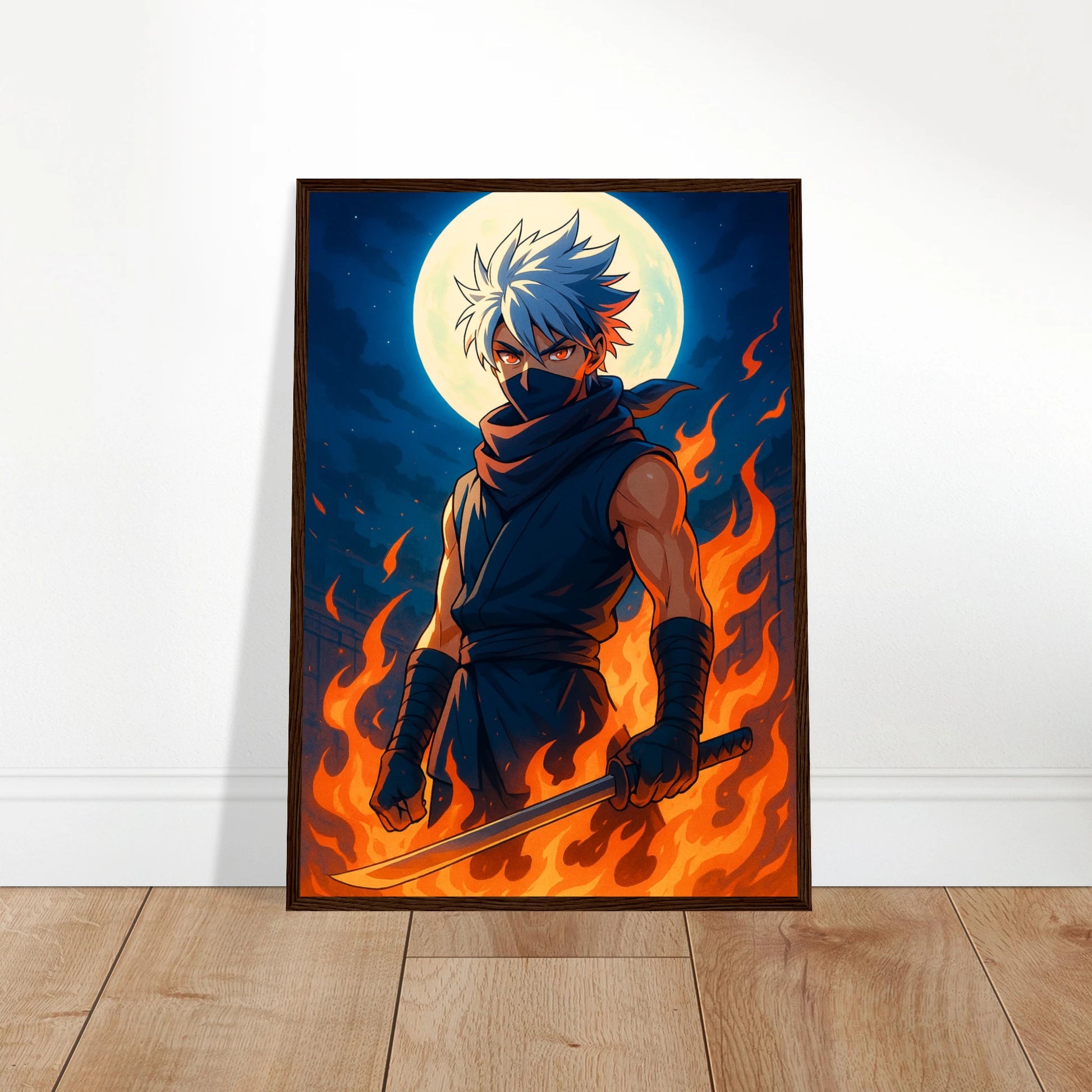 REIKA Poster an die Wand gelehnt – dynamische Anime-Kunst mit brennender Aura und mystischem Mond. Japanische Wanddekoration von Defa Designs.