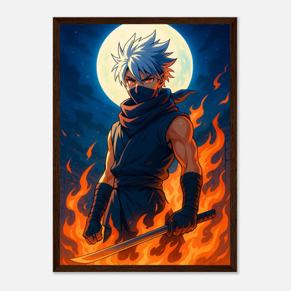 REIKA Poster im dunkelbraunen Rahmen – feurige Anime-Heldin mit Mond im Hintergrund, symbolisch für Mut und Entschlossenheit. Japanische Kunst von Defa Designs.