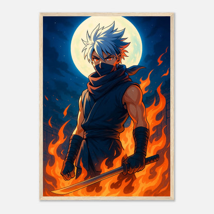 REIKA Poster im hellbraunen Holzrahmen – Anime-Kriegerin in Flammen unter dem Mondlicht, leuchtende Farben und japanische Ästhetik. Premium-Kunstdruck von Defa Designs.
