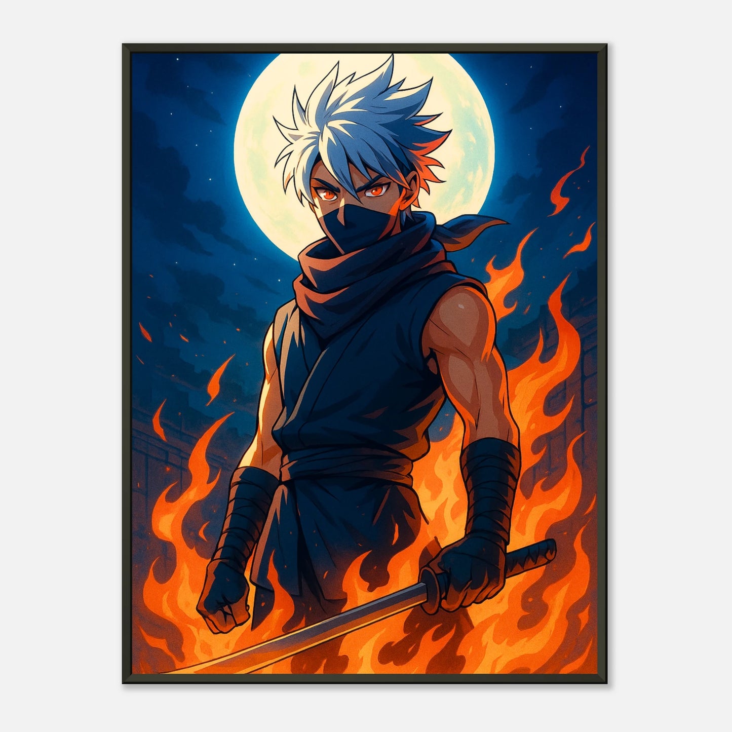 Reika Anime Poster mit brennendem Krieger unter dem Mond im schwarzen Metallrahmen – Premium Wandbild für Anime Fans