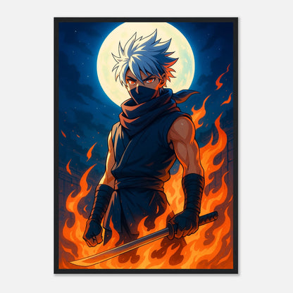 REIKA Poster im schwarzen Rahmen – flammende Nacht unter dem Mond, Anime-Kunstwerk mit starker weiblicher Energie. Hochwertiger Druck von Defa Designs.