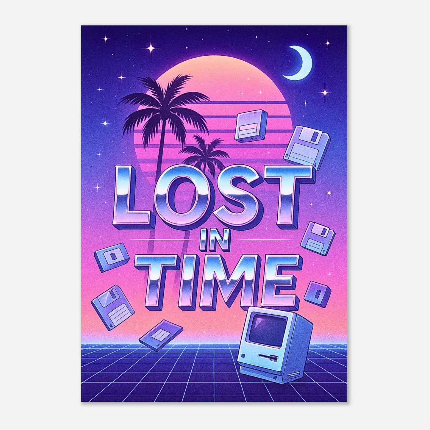 Retro Future Vibes poster – vaporwave art print with palm trees, moon and neon colors for wall decor