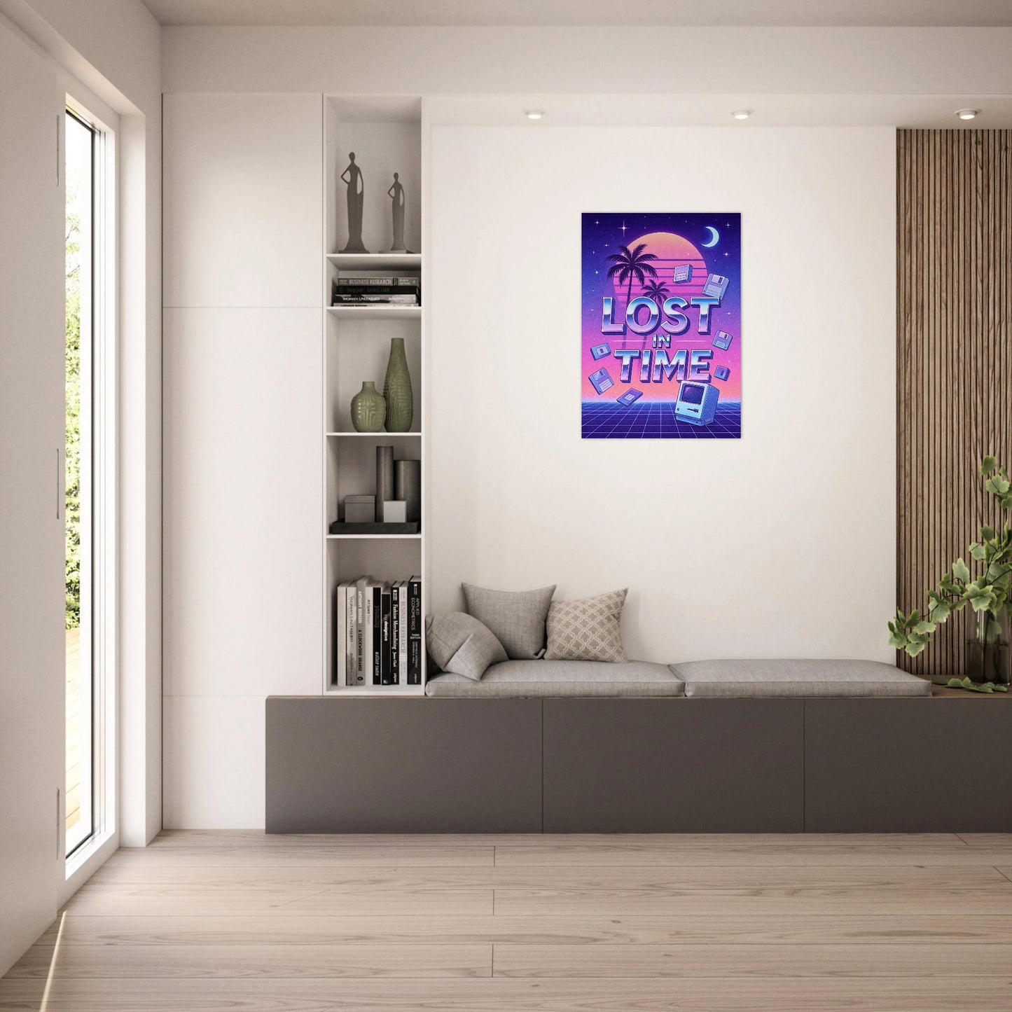 Retro vaporwave poster – Lost in Time wall art in modern bright living room decor
