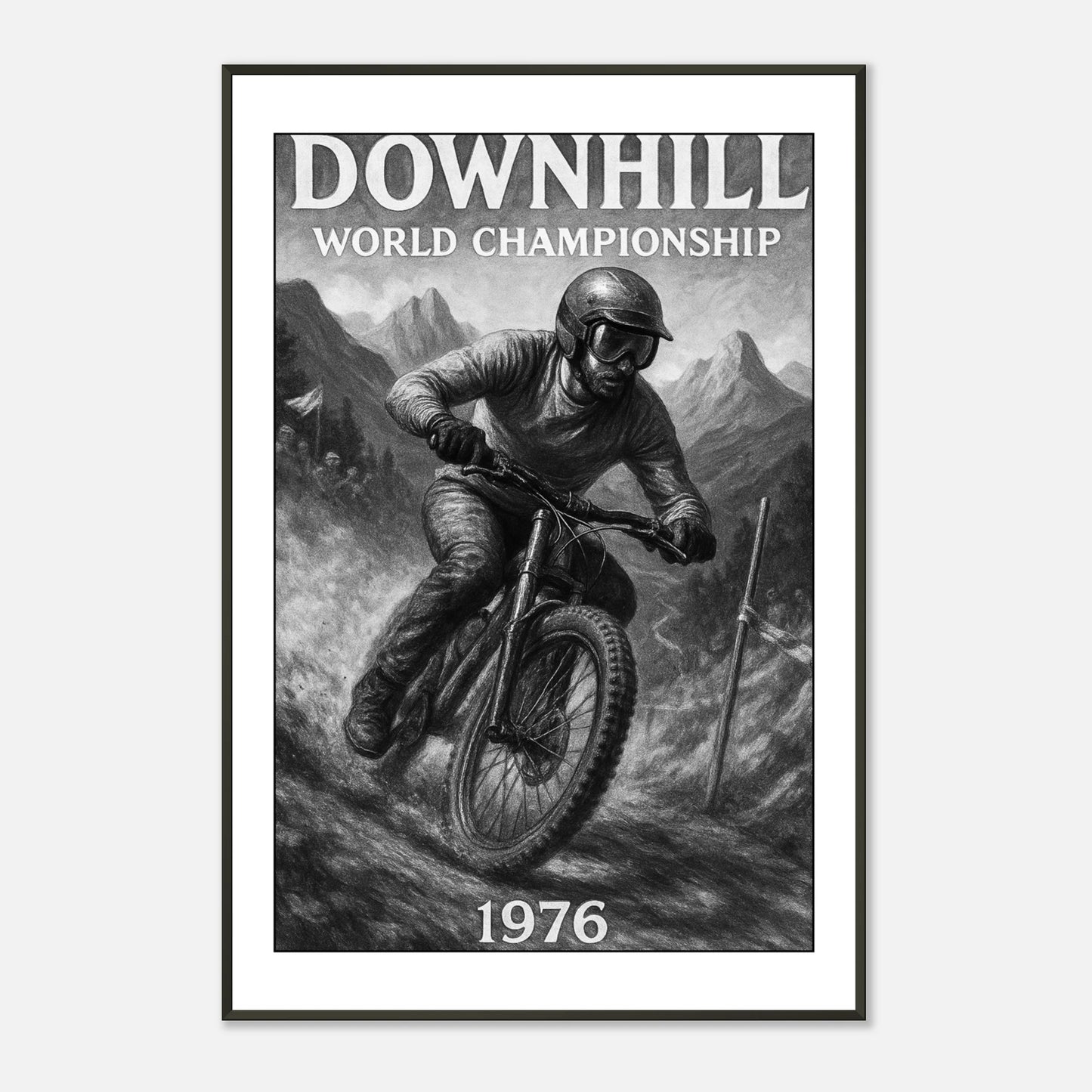 „Ride the Edge – Downhill ’76“ Poster – Klassisches Downhill-Motiv im schwarzen Metallrahmen – Für Sport- & Vintage-Fans | DEFA Designs