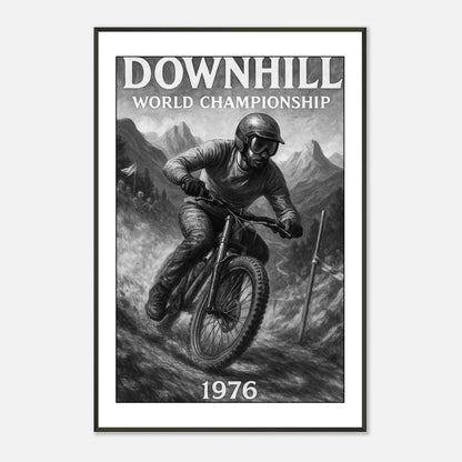 „Ride the Edge – Downhill ’76“ Poster – Klassisches Downhill-Motiv im schwarzen Metallrahmen – Für Sport- & Vintage-Fans | DEFA Designs
