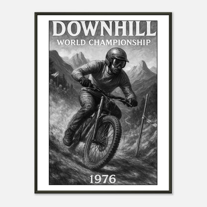 „Ride the Edge – Downhill ’76“ Poster – Vintage-Mountainbike-Kunst im schwarzen Metallrahmen – Tribut an den Adrenalinkick & Rennsport | DEFA Designs