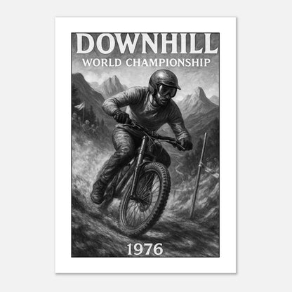 „Vintage Downhill ’76 Poster – Ride the Edge Sport Art Print mit Mountainbike Fahrer“