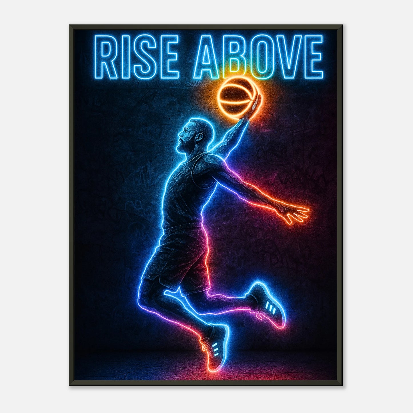 Rise Above – Neon Basketball Poster im schwarzen Metallrahmen | Leuchtendes Sport Wandbild mit Sprungwurf-Motiv in Blau und Orange | DEFA Designs