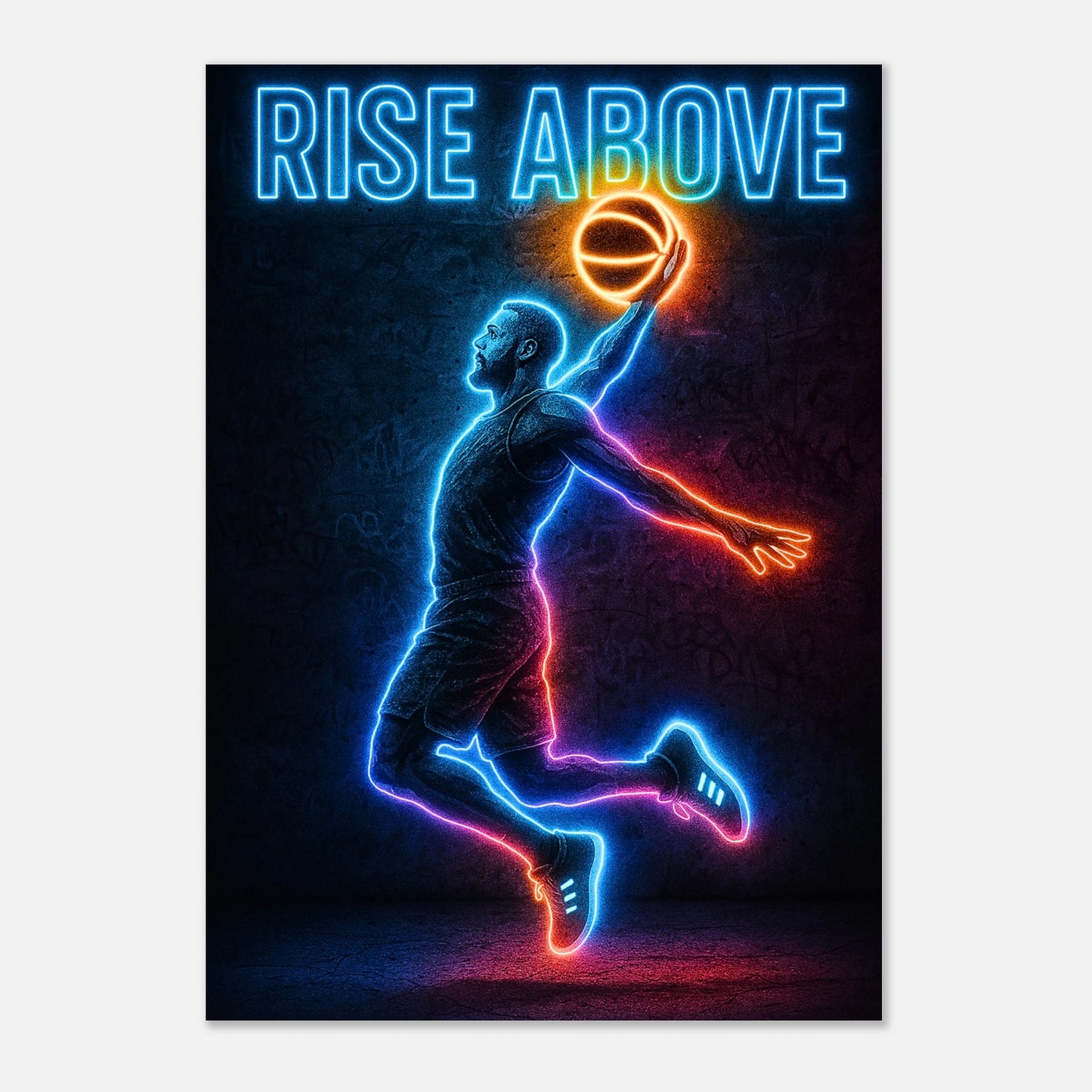 Neon Basketball Poster „Rise Above“ – inspirierende Sport Wandkunst in leuchtenden Farben für Wohnzimmer, Schlafzimmer oder Büro