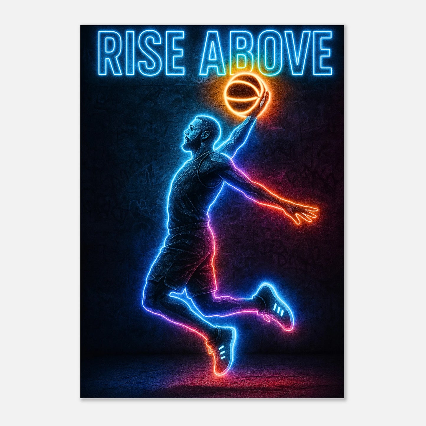 Neon Basketball Wandkunst „Rise Above“ – modernes Poster als Sport Deko im stilvollen Wohnzimmer