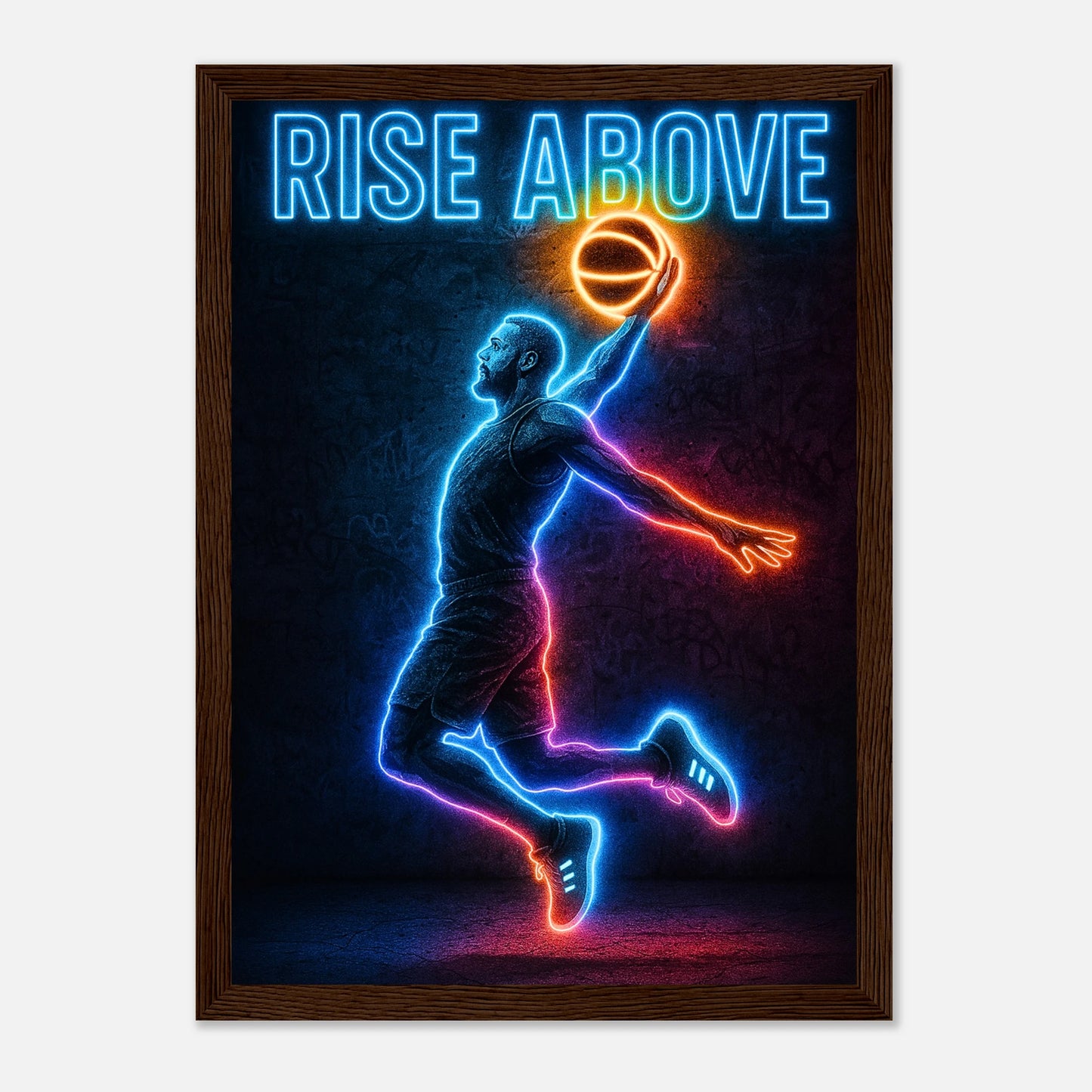 Basketball Poster „Rise Above“ im dunkelbraunen Holzrahmen – sportliches Neon Wandbild für elegante Einrichtungen