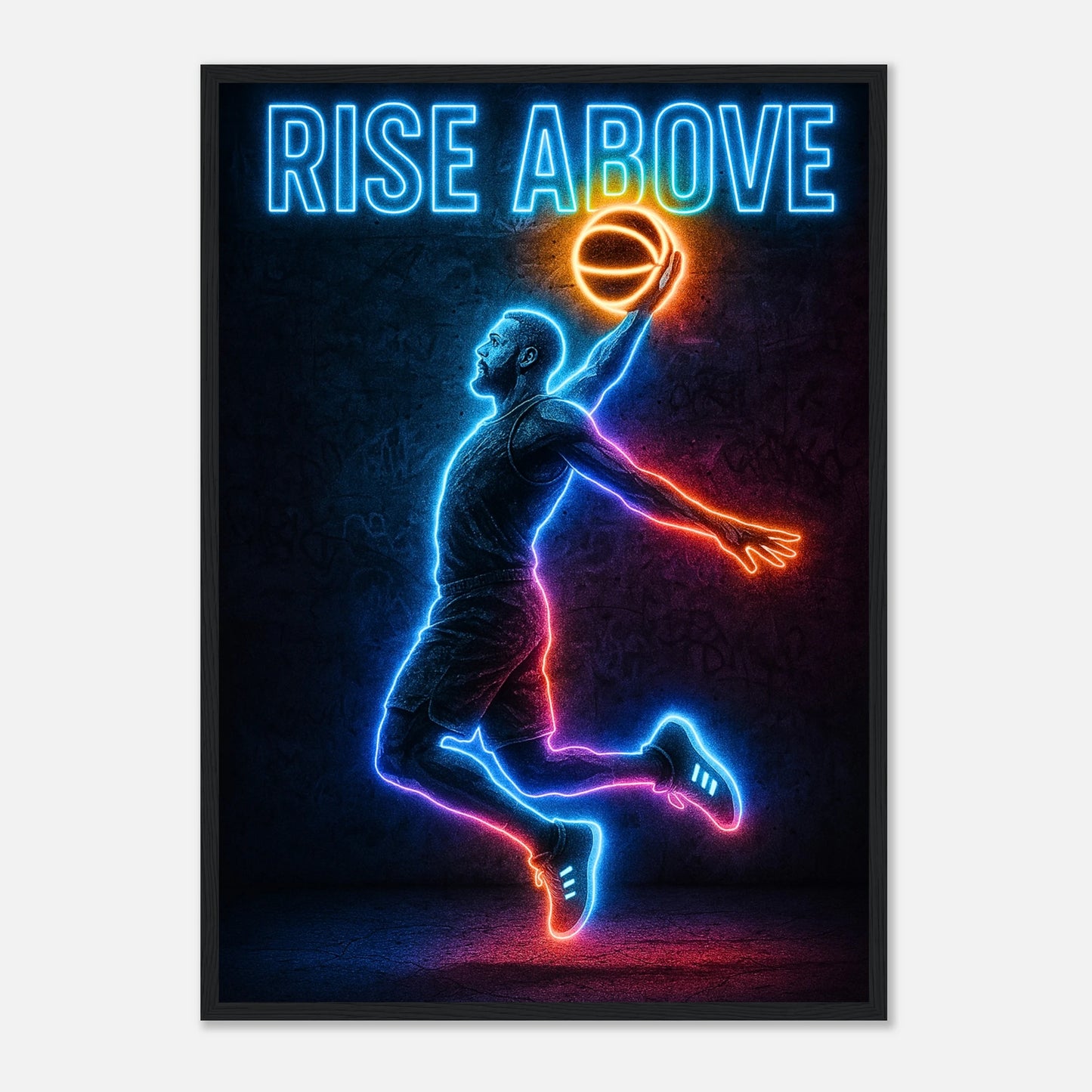 Neon Basketball Poster „Rise Above“ im schwarzen Rahmen – modernes Sport Wandbild für Wohnzimmer und Fitnessräume