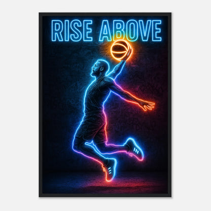 Neon Basketball Poster „Rise Above“ im schwarzen Rahmen – modernes Sport Wandbild für Wohnzimmer und Fitnessräume