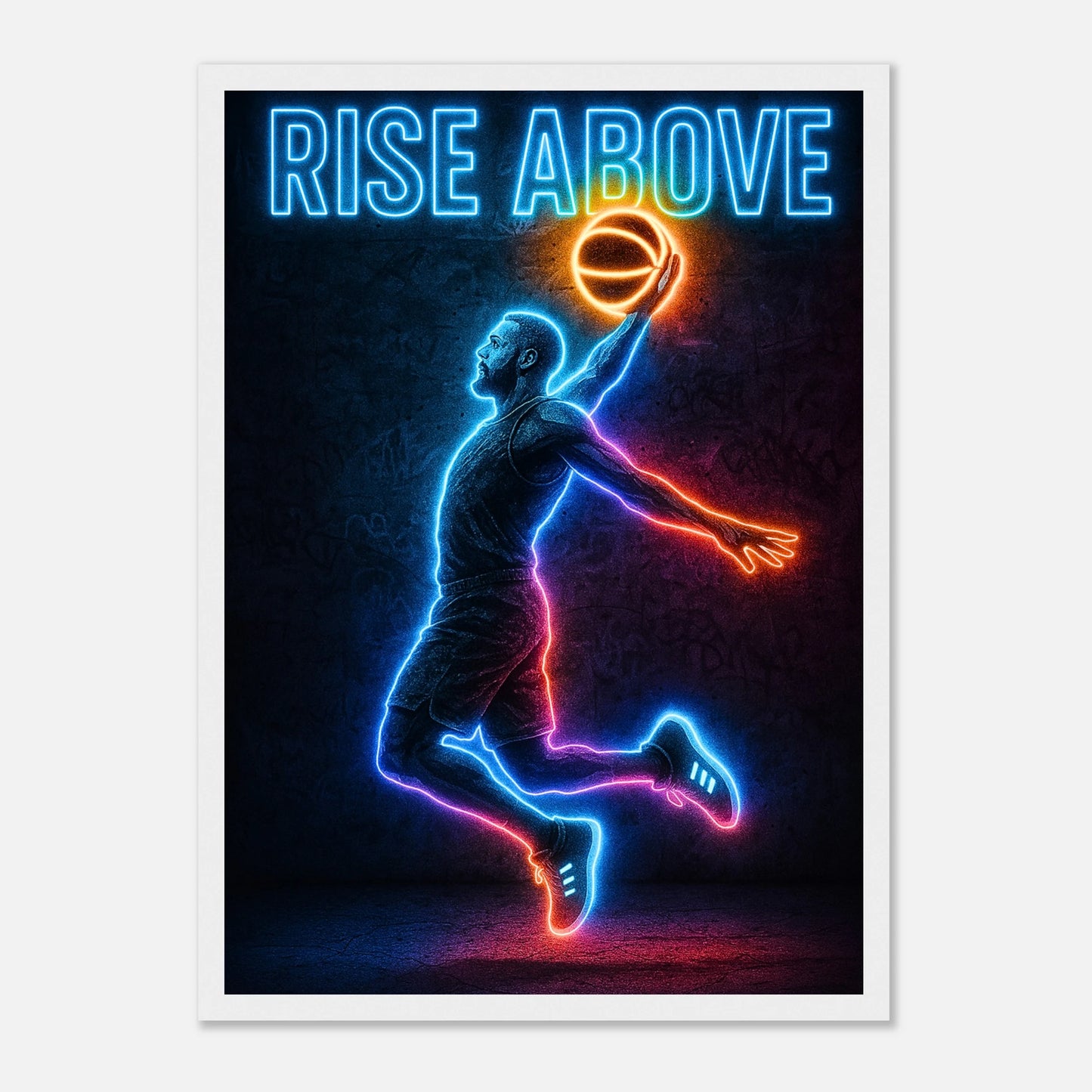 Poster „Rise Above“ im weißen Rahmen – leuchtendes Neon Basketball Wandbild als moderne Sportdekoration