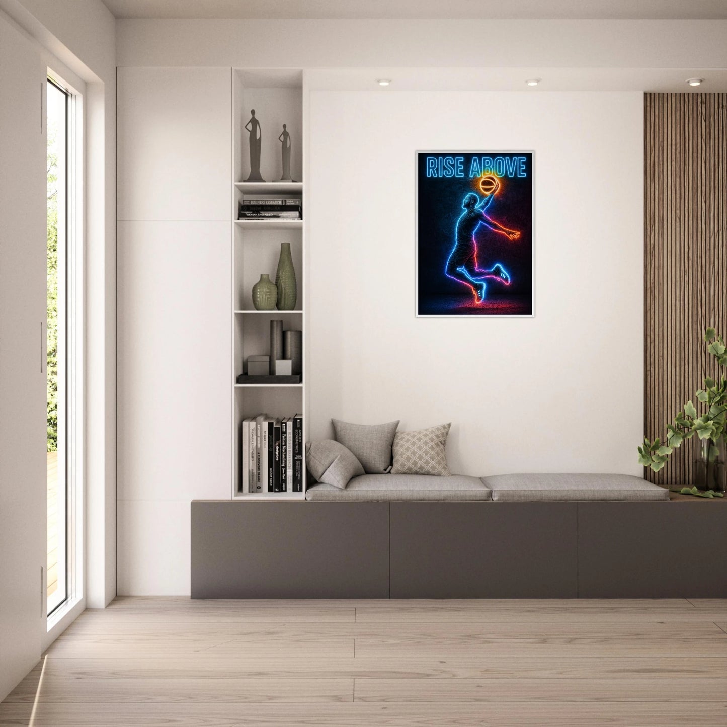 Neon Basketball Poster „Rise Above“ in heller Wohnzimmer Einrichtung – stylische Sport Wandkunst für Zuhause