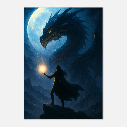 Rise of the Nightfire Poster – epische Fantasy-Kunst mit Zauberer und Schatten-Drache im Mondlicht