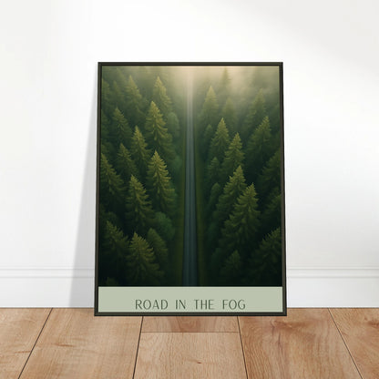 Road in the Fog Poster an die Wand gelehnt – mystischer Wald im Nebel auf Holzboden präsentiert, ruhige Atmosphäre.