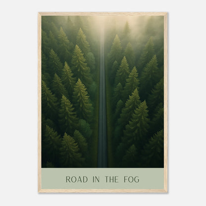 Poster „Road in the Fog“ mit nebelverhangenem Wald im hellen Holzrahmen – Natur Wandbild für moderne Räume