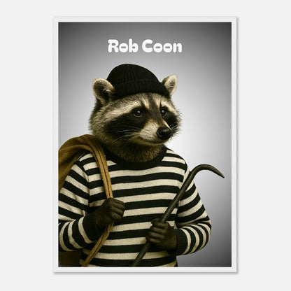 Rob Coon Poster mit weißem Holzrahmen – lustiger Waschbär im Streifenlook als moderne Wandkunst.
