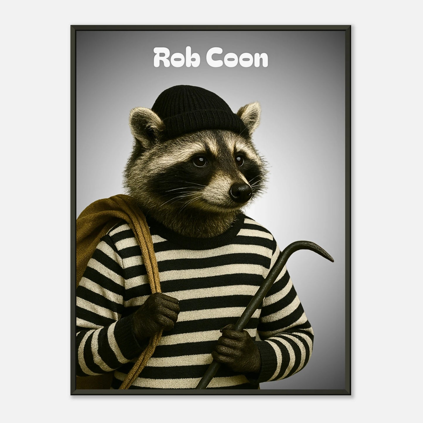 Rob Coon Poster – lustiger Waschbär im gestreiften Outfit mit Stock, humorvolle Tierkunst im schwarzen Metallrahmen | DEFA Designs Wandbild