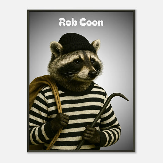 Rob Coon Poster – lustiger Waschbär im gestreiften Outfit mit Stock, humorvolle Tierkunst im schwarzen Metallrahmen | DEFA Designs Wandbild