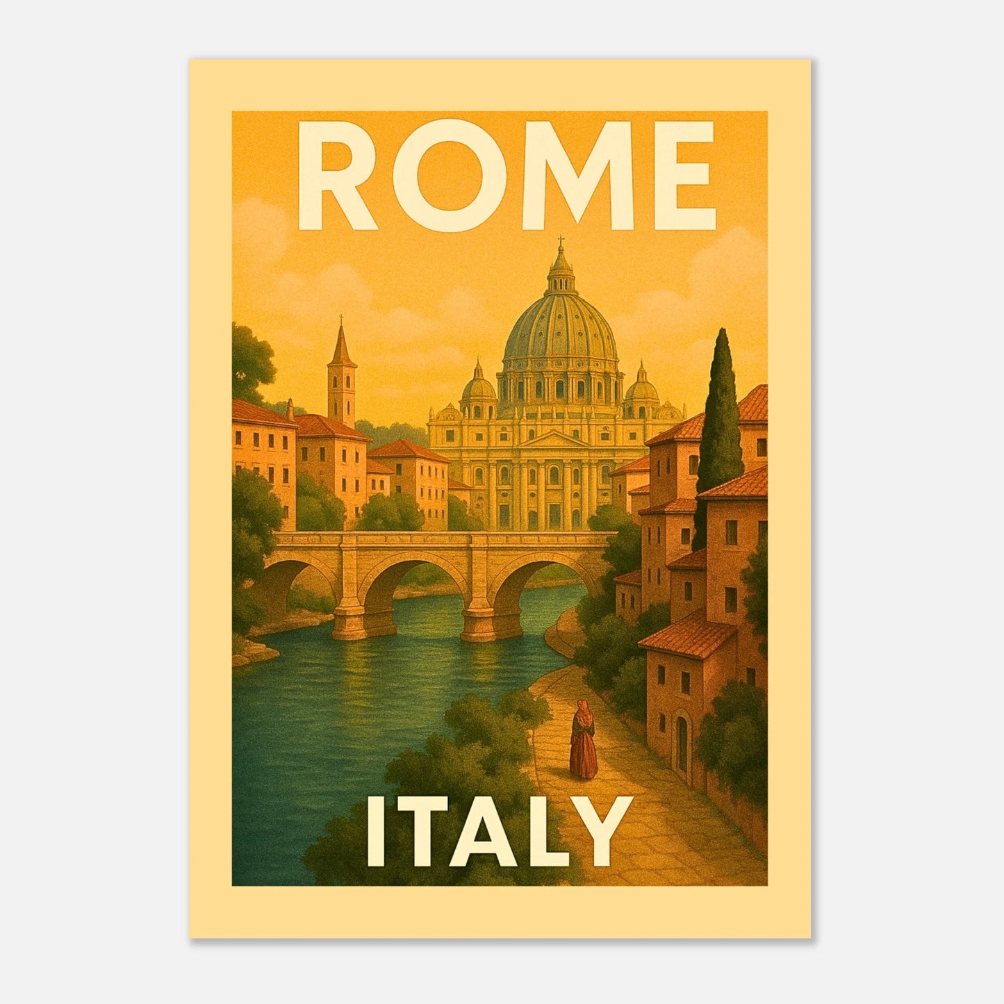 Rome Poster mit Rahmen – Retro Wandkunst im Vintage-Stil, Kunstdruck mit Kolosseum und Petersdom