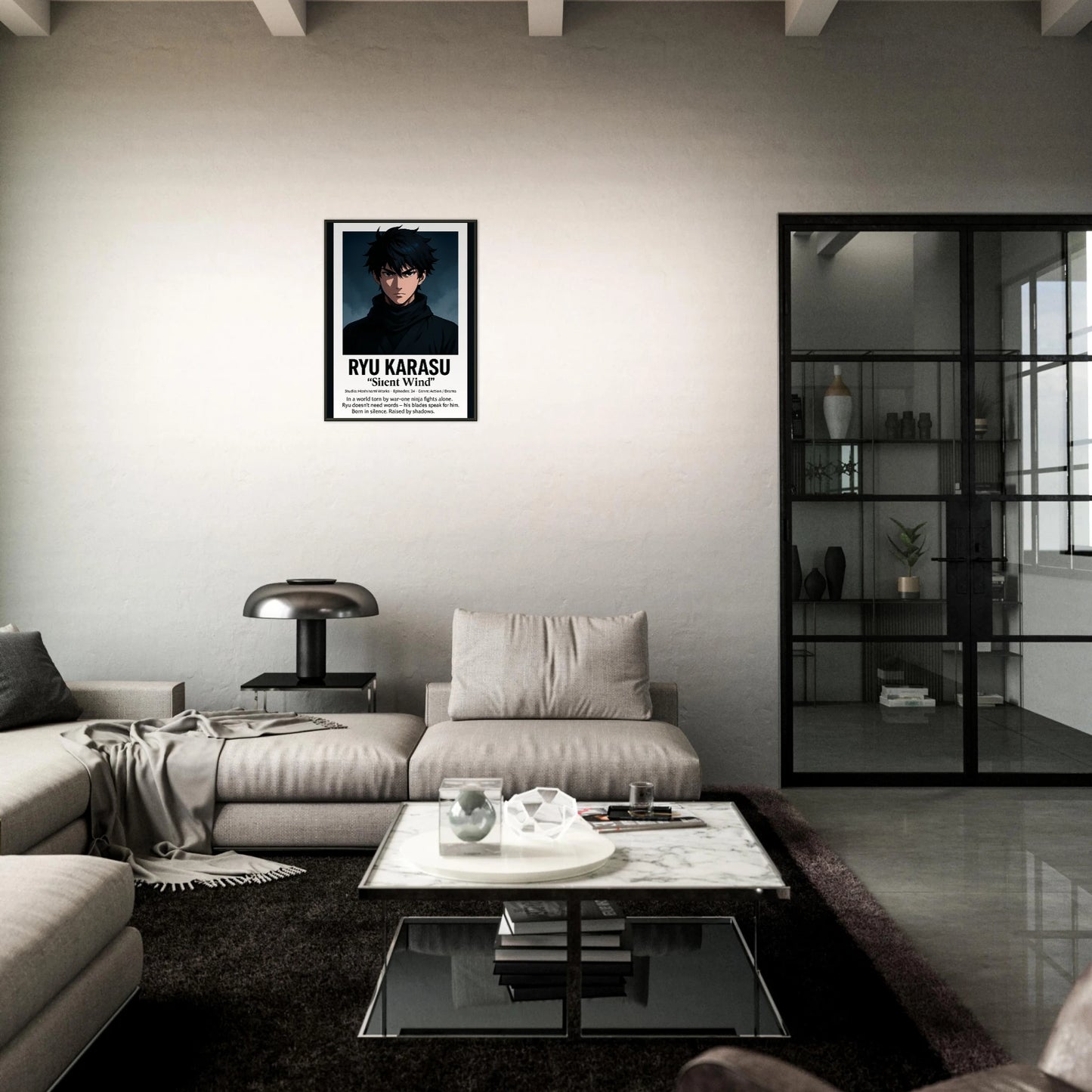 „RYU KARASU – Blade of the Silent Wind“ im dunklen Raum – mystisches Wandbild eines stillen Kriegers | DEFA Designs