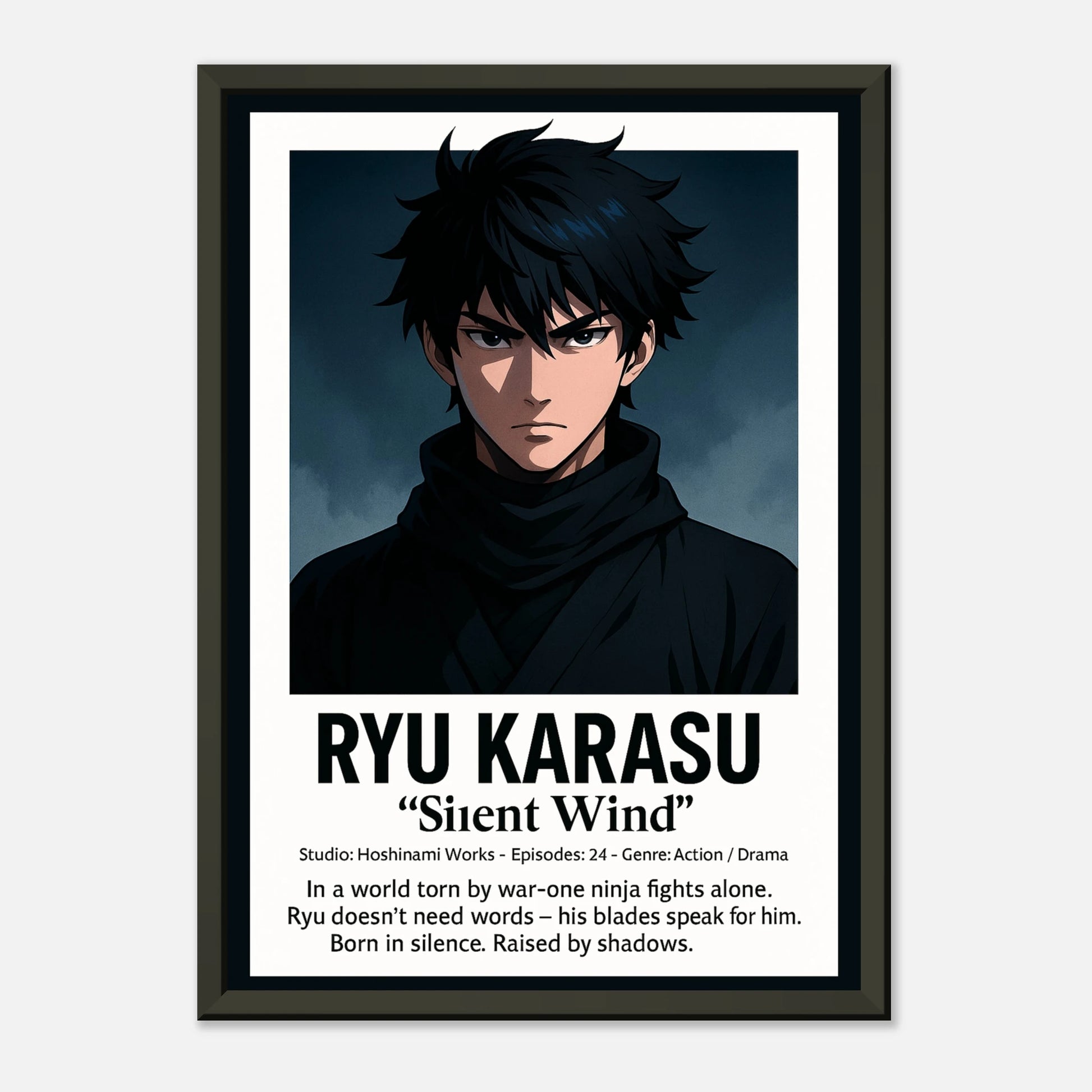 „RYU KARASU“ Anime-Poster – stiller Krieger in dunkler Atmosphäre, inspiriert von Samurai-Stil | DEFA Designs