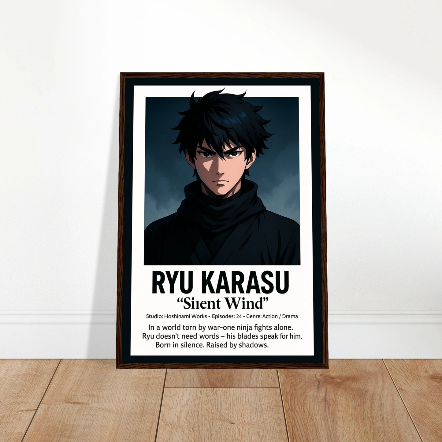 RYU KARASU Poster an die Wand gelehnt – moderner Kunstdruck mit Samurai-Motiv, Ausdruck von Stärke, Stille und Disziplin. Defa Designs hochwertige Anime-Kunst.