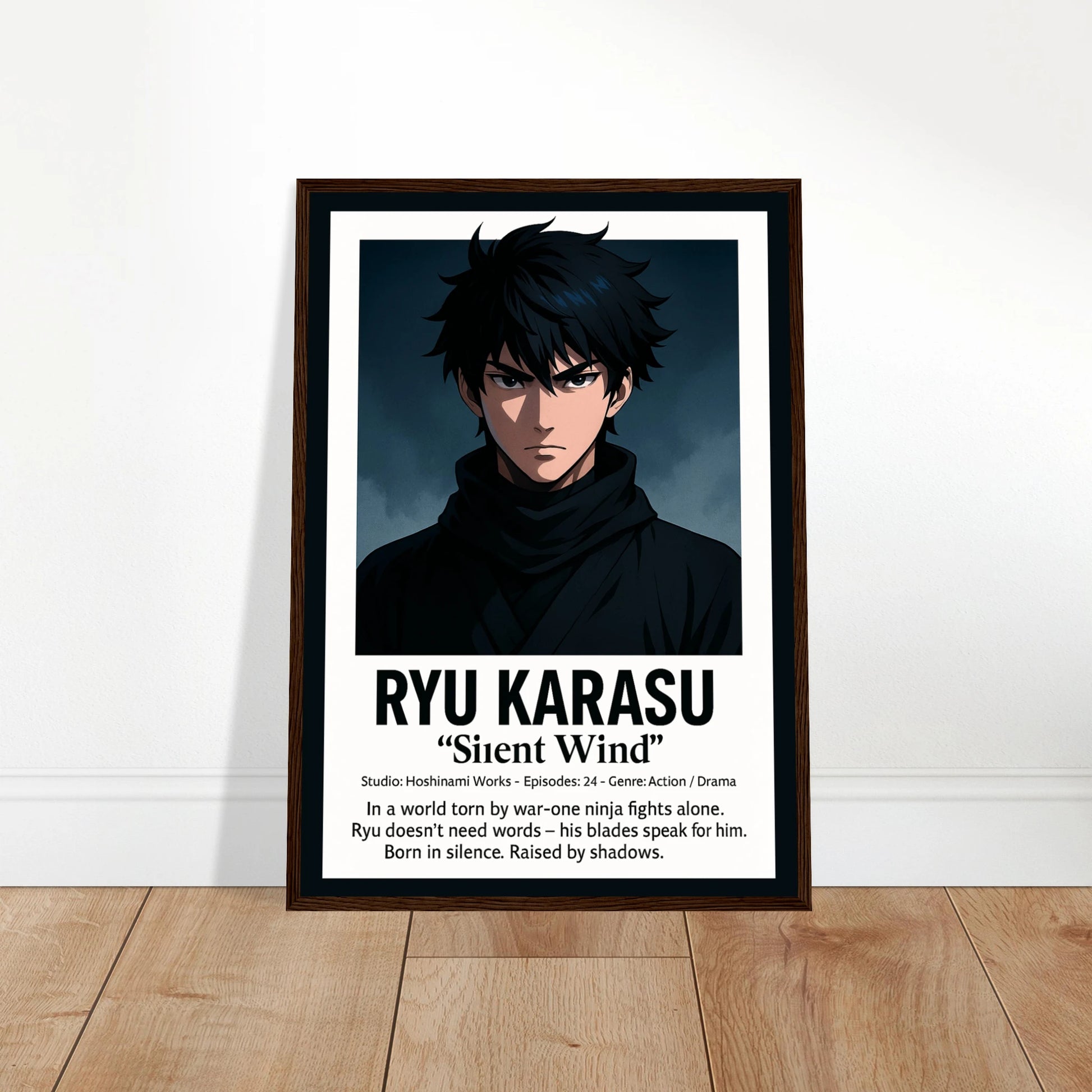 RYU KARASU Poster an die Wand gelehnt – moderner Kunstdruck mit Samurai-Motiv, Ausdruck von Stärke, Stille und Disziplin. Defa Designs hochwertige Anime-Kunst.