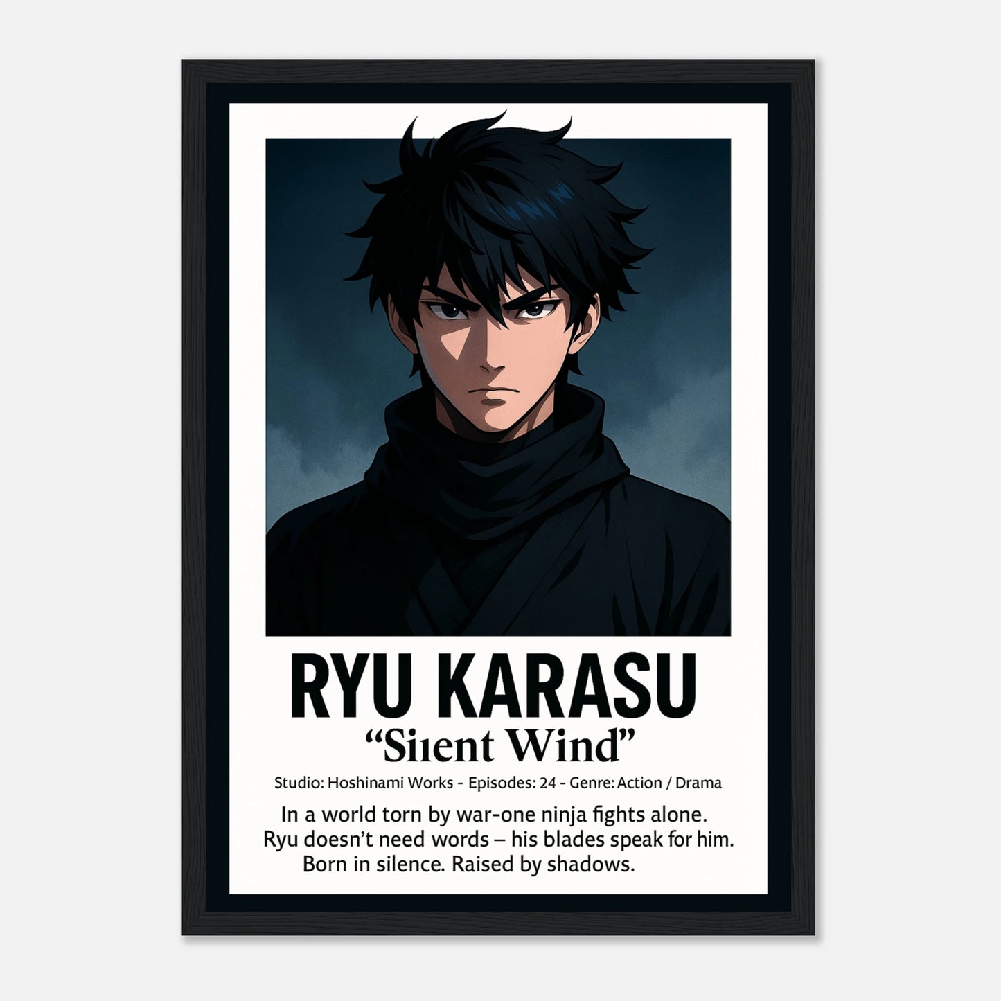 RYU KARASU Poster im schwarzen Rahmen – stiller Schwertmeister mit kühlem Blick, minimalistisches und kraftvolles Anime-Kunstwerk von Defa Designs.