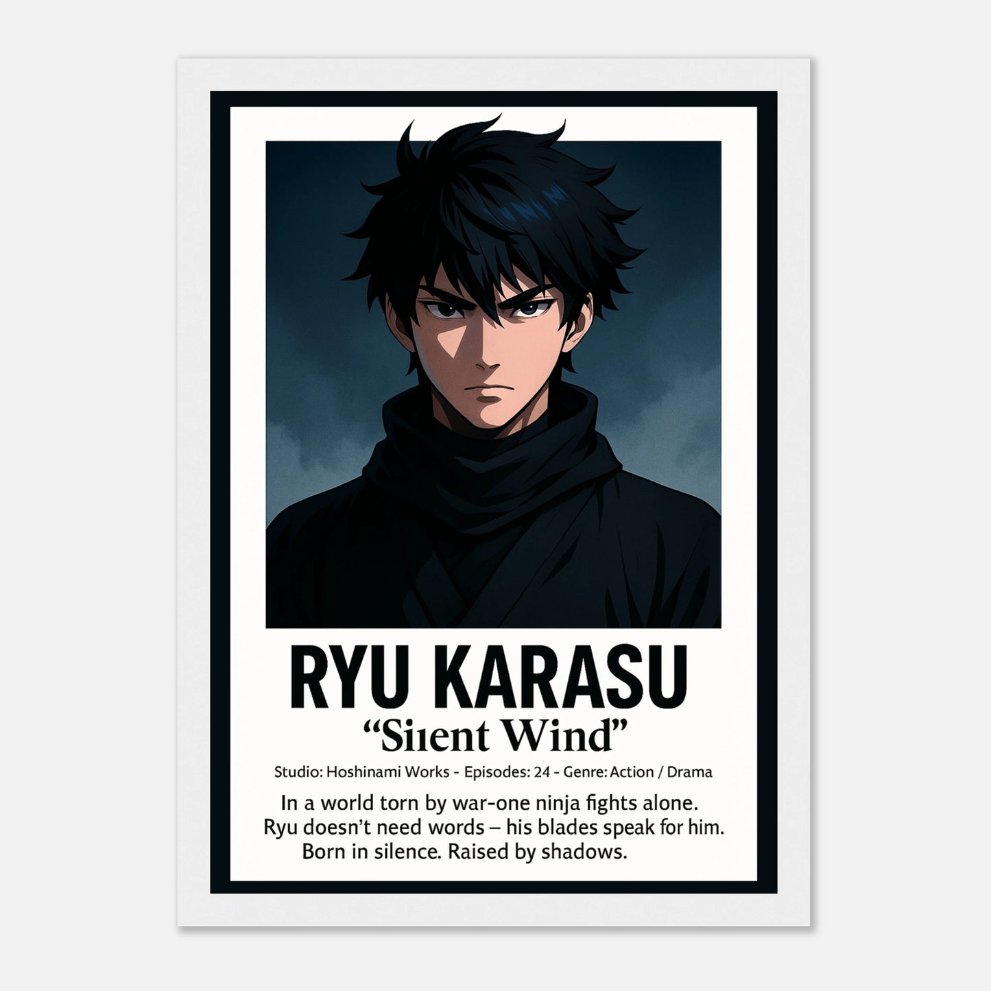 RYU KARASU Poster im weißen Rahmen – ruhiger Anime-Samurai mit intensivem Ausdruck, elegante Wanddekoration in japanischem Stil. Defa Designs.