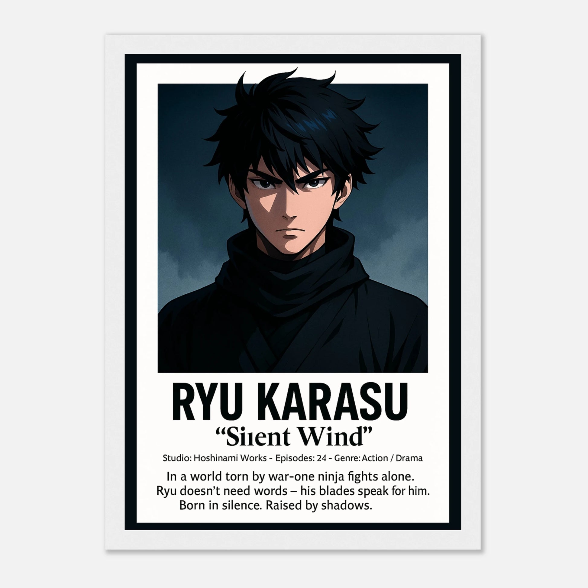 RYU KARASU Poster im weißen Rahmen – ruhiger Anime-Samurai mit intensivem Ausdruck, elegante Wanddekoration in japanischem Stil. Defa Designs.