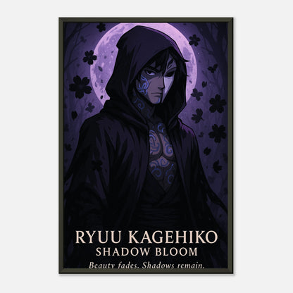 Anime Poster Ryuu Kagehiko Shadow Bloom mit schwarzem Metallrahmen – Ninja Samurai Wandbild in violettem Schattenstil