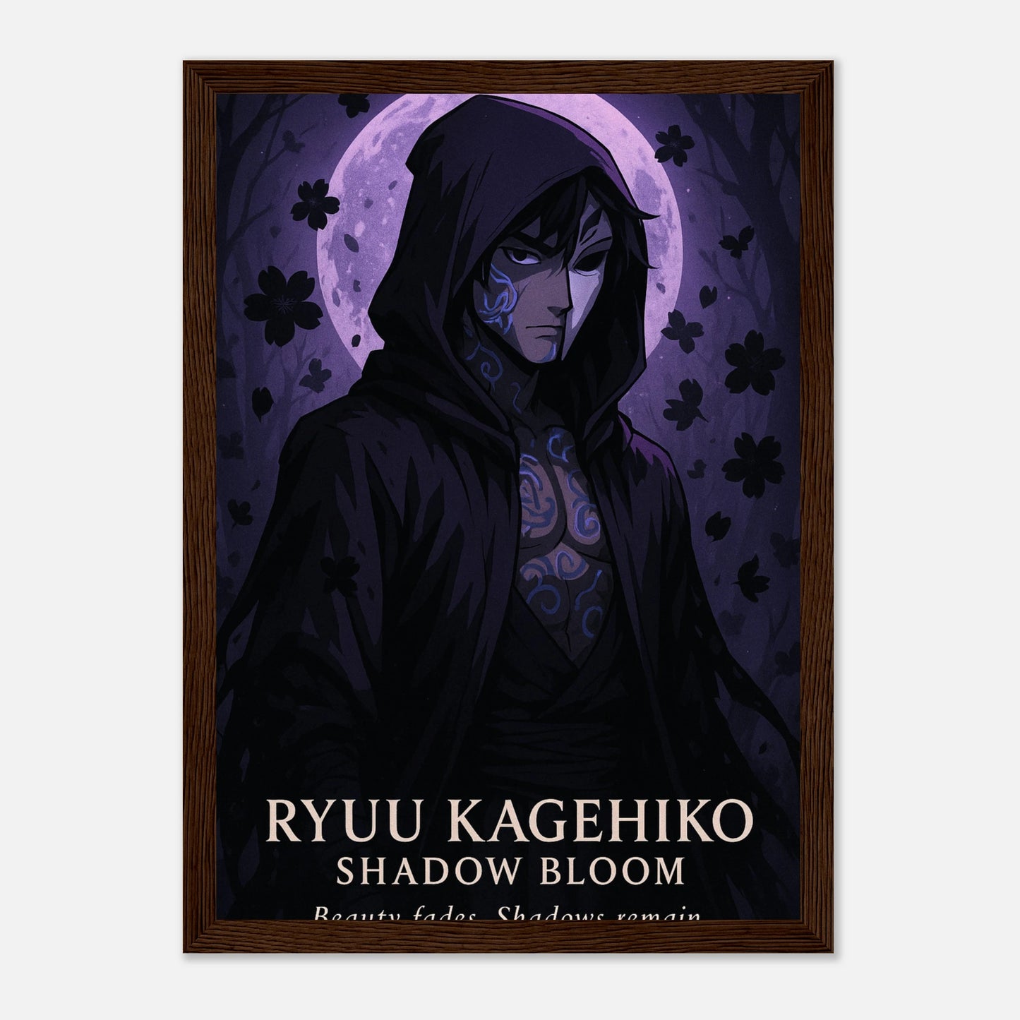 RYUU KAGEHIKO Poster im dunkelbraunen Holzrahmen – geheimnisvolle Samurai-Anime-Kunst in Schwarz und Violett. Dunkle Eleganz und tiefe Symbolik von Defa Designs.
