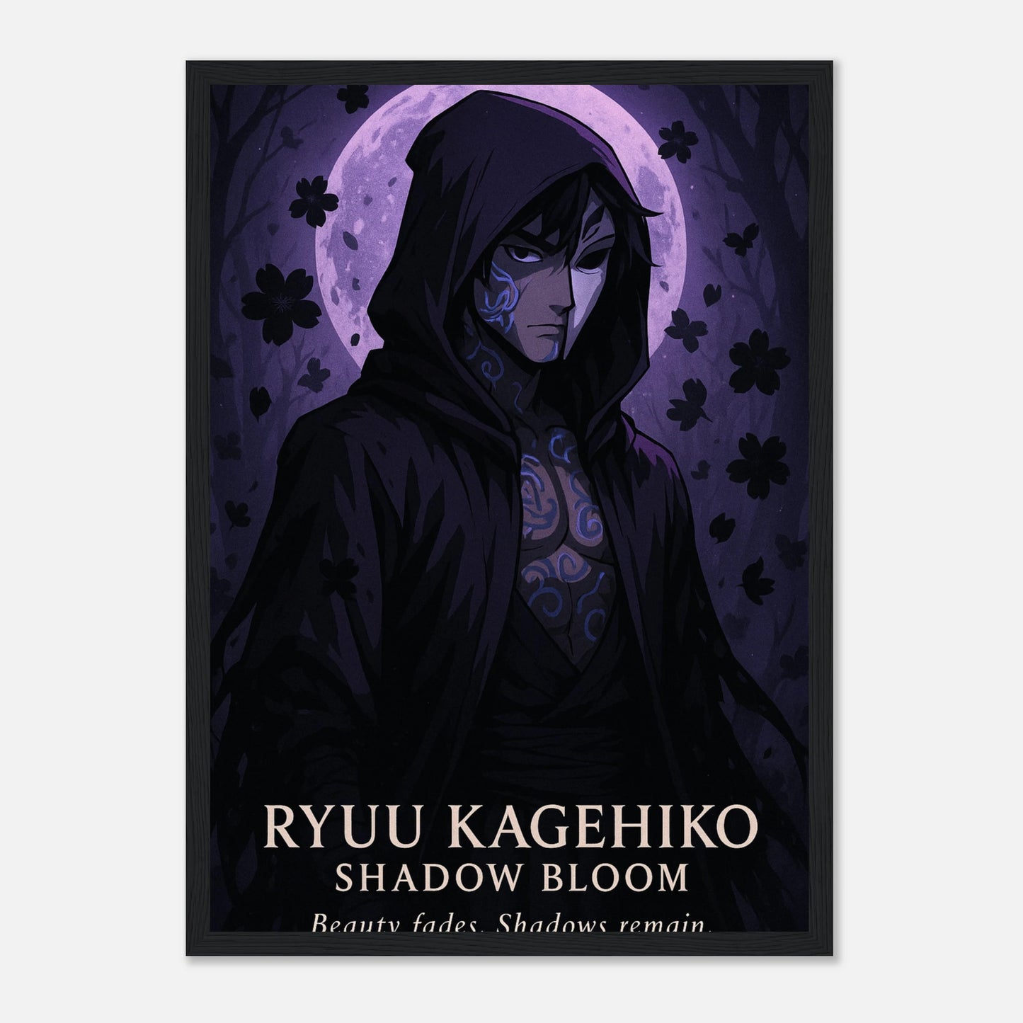 RYUU KAGEHIKO Poster im schwarzen Rahmen – intensives Samurai-Anime-Design in dunklen Tönen. Japanisch inspirierte Kunst mit mystischem Flair von Defa Designs.