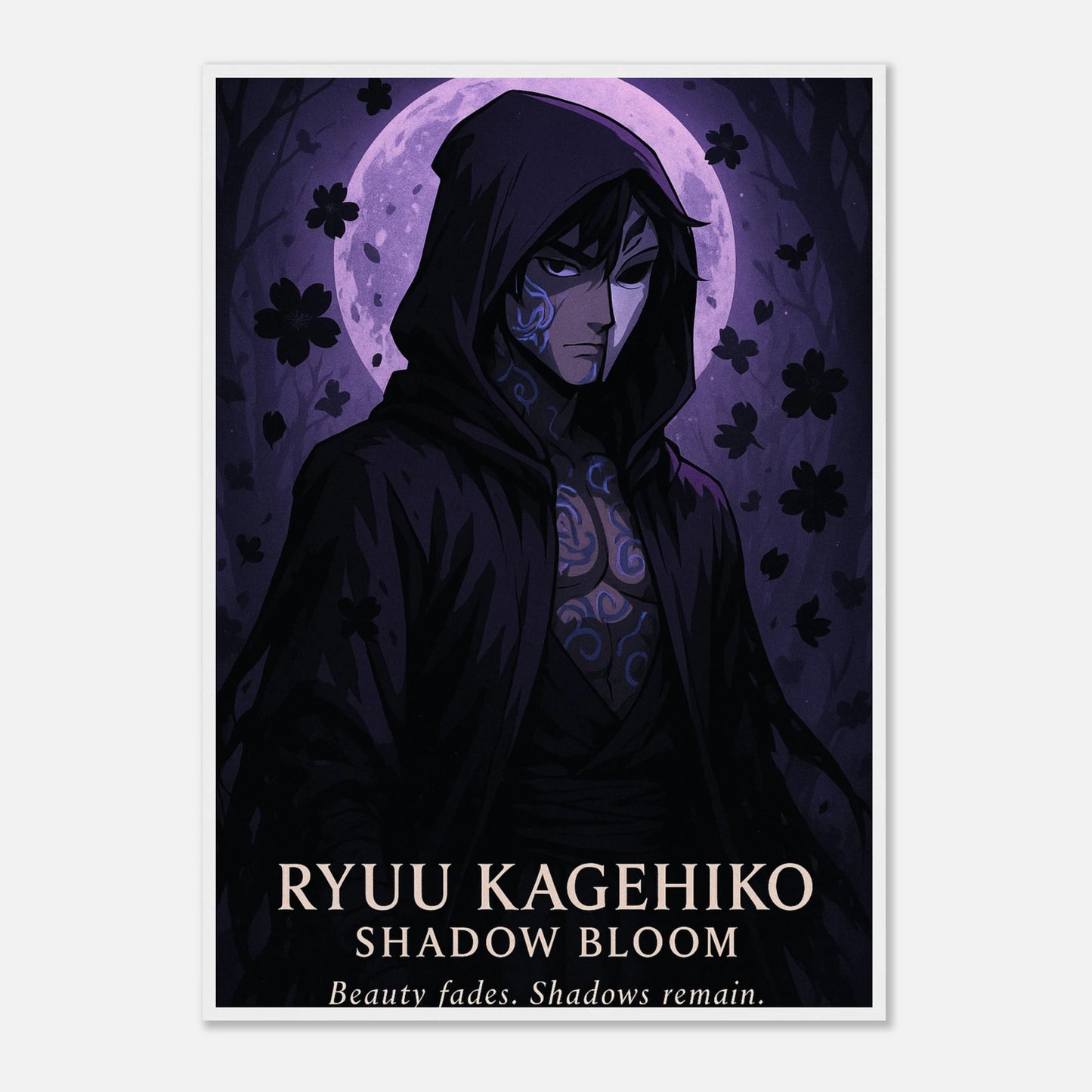 RYUU KAGEHIKO Poster im weißen Rahmen – kontrastreiches Samurai-Kunstwerk in Violett und Schwarz. Edles Anime-Wandbild mit eleganter Balance aus Licht und Schatten.