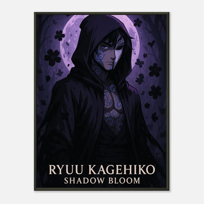 Ryuu Kagehiko Shadow Bloom Anime Poster – dunkler Ninja Samurai in violetten Schatten, hochwertige Wandkunst von Defa Designs